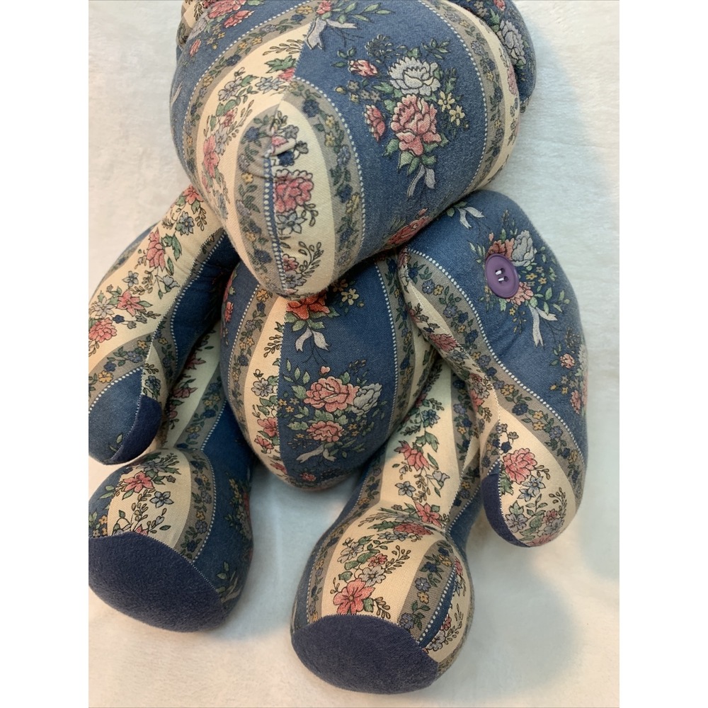Vintage Patchwork Teddy Bear Stuffed Plush Floral Jointed Poseable Quilt Button‎ - Picture 4 of 12